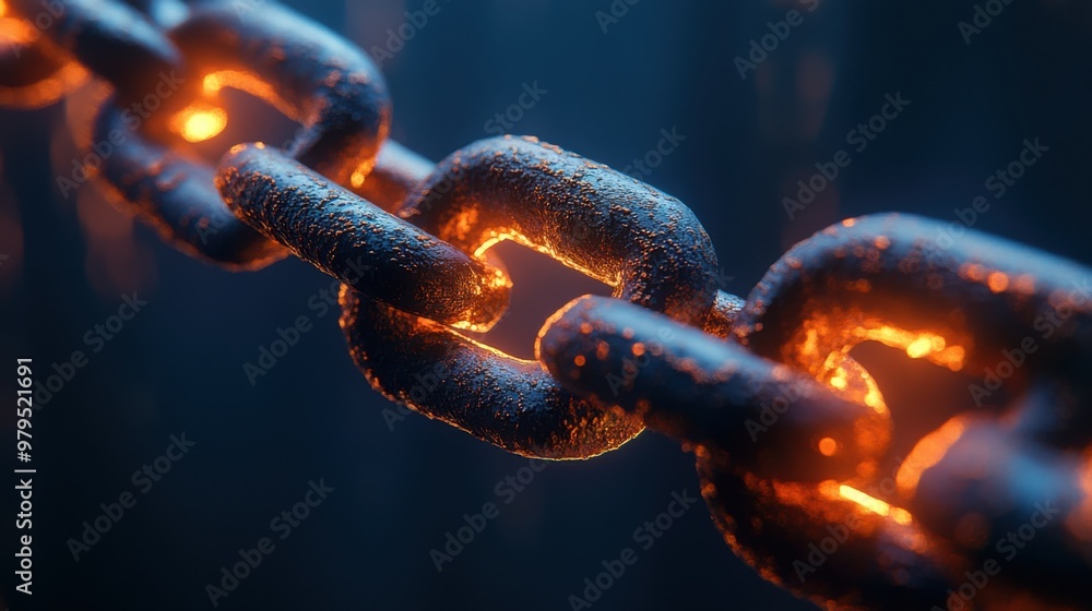 Glowing metal chain links illuminated in darkness, concept of strength and connection Glowing metal chain links illuminated in darkness, concept of strength and connection