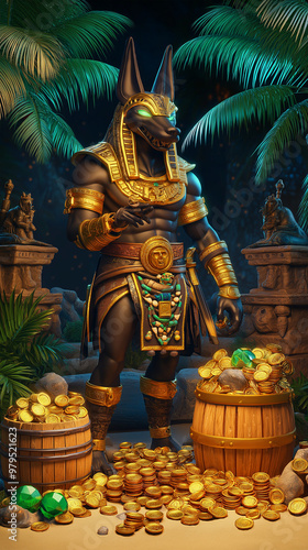 The temple with palm trees and a statue of a god, game background, Anubis, Illustration