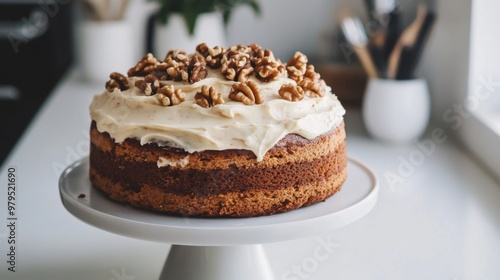 A rustic carrot cake with cream cheese frosting and walnuts on top, displayed on a white surface with a focus on its homemade charm and delicious texture.