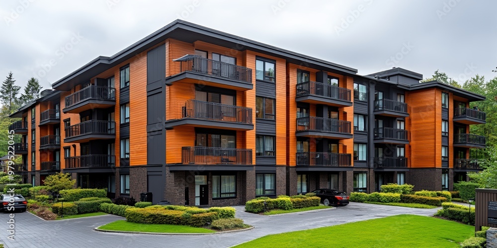 This image showcases a modern, four-story apartment building with striking orange and dark brown exterior, surrounded by lush green landscaping and neatly manicured lawns This image showcases a modern, four-story apartment building with striking orange and dark brown exterior, surrounded by lush green landscaping and neatly manicured lawns