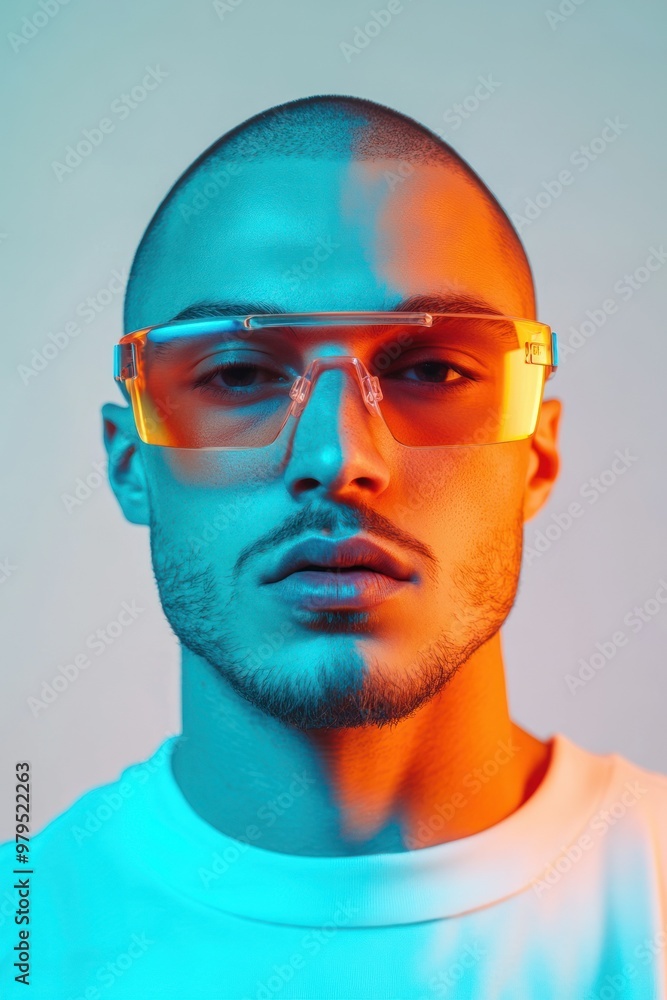 Intense gaze of man wearing vivid futuristic eyewear. Intense gaze of man wearing vivid futuristic eyewear.