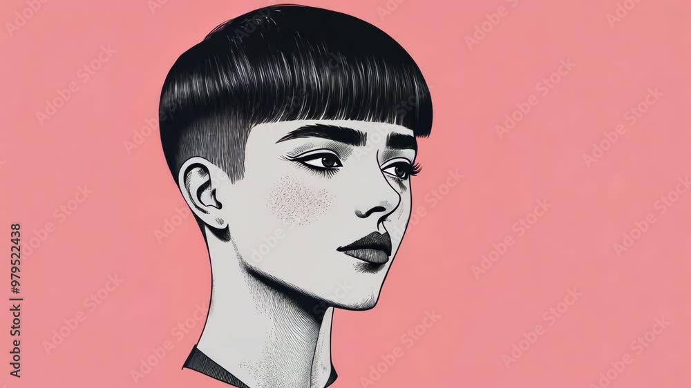 Artistic profile sketch of a young woman with a trendy haircut on a vibrant pink background Artistic profile sketch of a young woman with a trendy haircut on a vibrant pink background