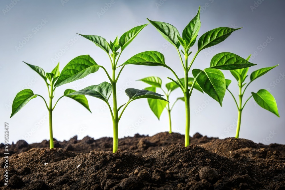 dramatic low-angle shot of robust sweet pepper seedlings towering above the soil in a minimalist white studio with harsh shadows dramatic low-angle shot of robust sweet pepper seedlings towering above the soil in a minimalist white studio with harsh shadows