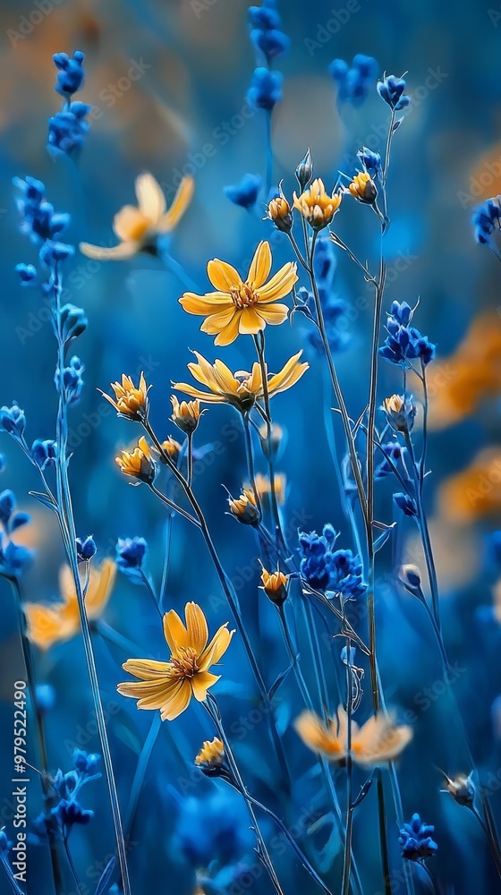 A tight shot of a group of yellow blooms against a backdrop of blue flowers and a blue sky A tight shot of a group of yellow blooms against a backdrop of blue flowers and a blue sky