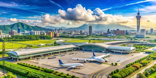 Bustling airport scene with modern airplanes and sleek terminals at Taipei Songshan Airport, surrounded by lush greenery and urban cityscape on a sunny day. photo