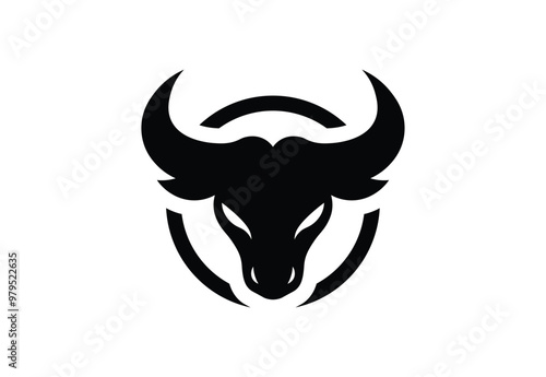 Black Bold Bull Silhouette in Circle Logo on White Background