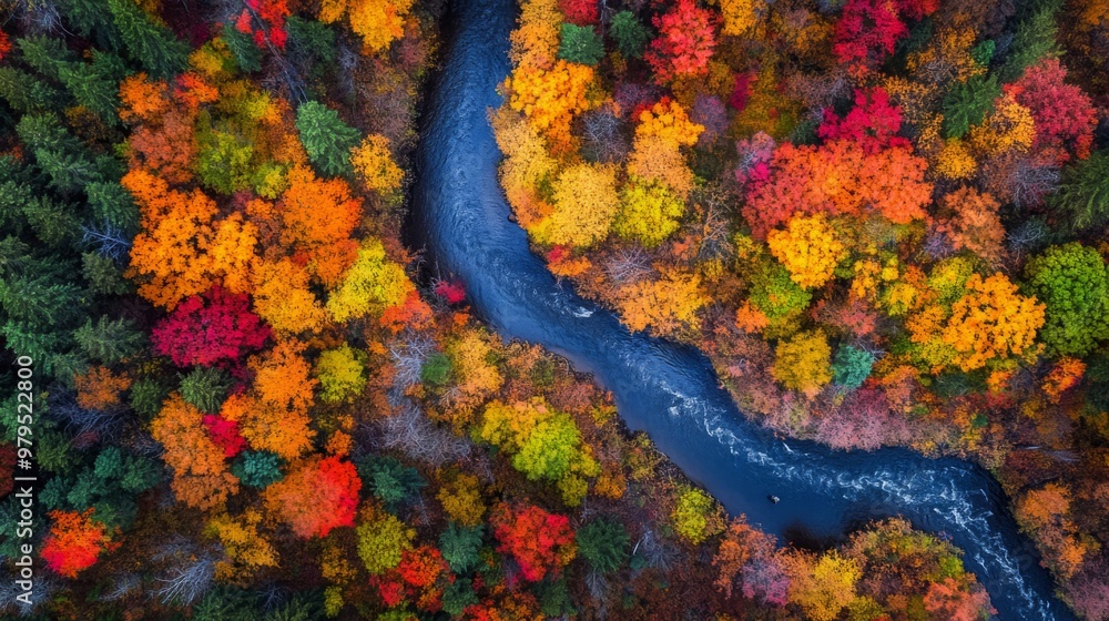 Aerial View of a River Winding Through a Vibrant Autumn Forest Aerial View of a River Winding Through a Vibrant Autumn Forest