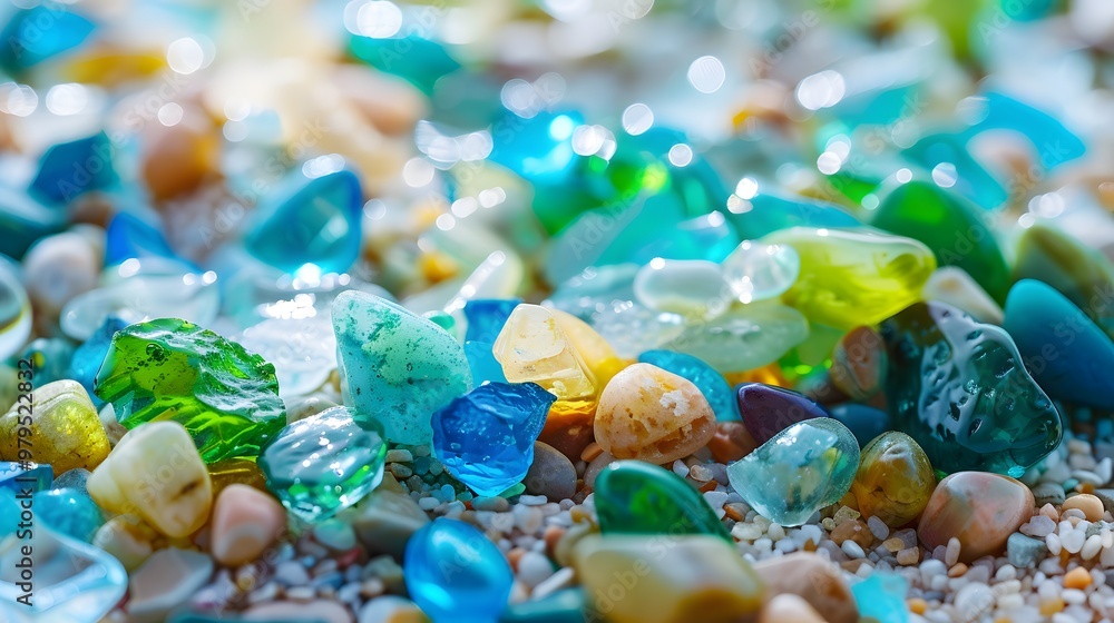Vibrant Gemstones on Polished Beach with Sea Texture: A Coastal Treasure Display Vibrant Gemstones on Polished Beach with Sea Texture: A Coastal Treasure Display
