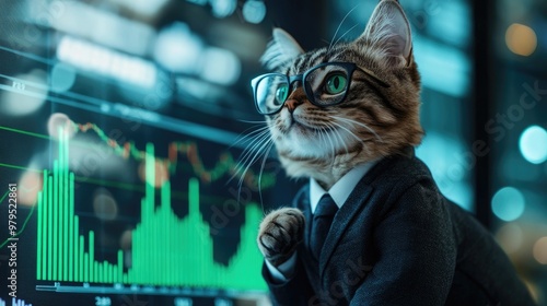 Business cat in glasses and a tailored suit studies a stock graph, green lines rising, as it monitors market performance. photo