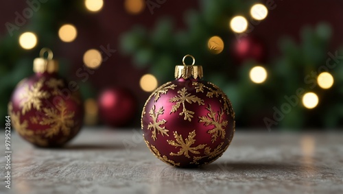 Burgundy and gold Christmas ornaments on a blurred background