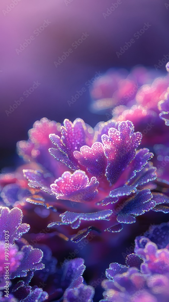 A tight shot of multiple flower blooms, each with dewdrops on their petals A tight shot of multiple flower blooms, each with dewdrops on their petals