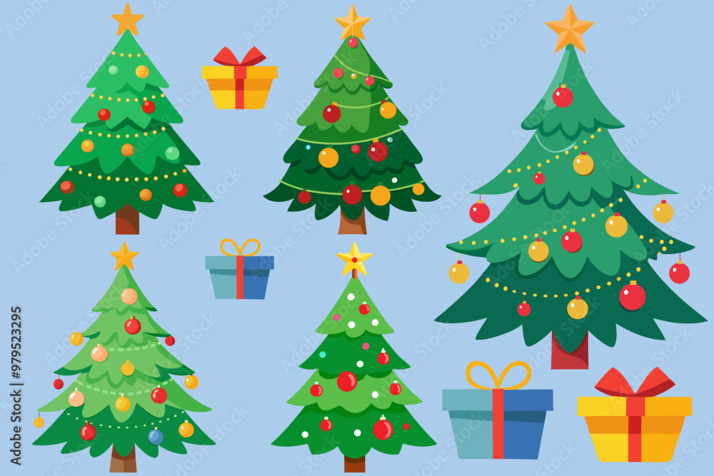 Set of pine trees with gift boxes and lights decorations for Christmas and Happy New Year. Vector illustration. Set of pine trees with gift boxes and lights decorations for Christmas and Happy New Year. Vector illustration.