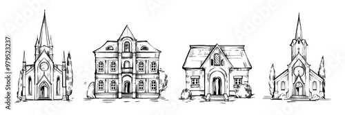 Ink sketch house set, vector architecture engraving illustration, wedding cottage hand drawn church. Vintage English building clipart, old chapel facade, front view property estate. Sketch house art