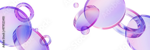 3D glass circle shape background, transparent purple plastic geometric glossy lens futuristic banner. Acrylic translucent flying disc, crystal neon design different angles figure. 3D glass poster