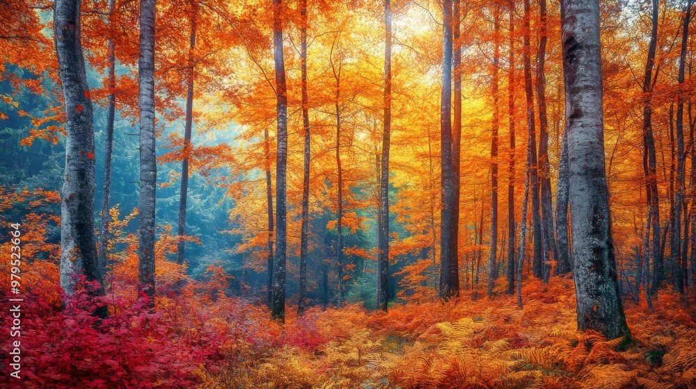 Fototapeta premium Golden Autumn Forest with Sunlight Filtering Through Tree Canopies