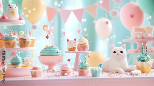 A delightful birthday-themed cat cafe where playful cats lounge on tables amidst an array of colorful decorations and tempting cupcakes, creating a purr-fect celebration atmosphere. photo