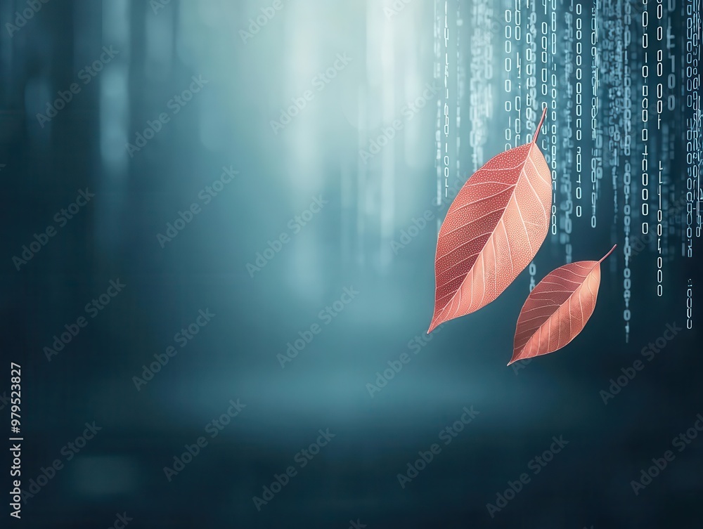 Floating leaves with binary code patterns, digital nature concept, 3D illustration Floating leaves with binary code patterns, digital nature concept, 3D illustration
