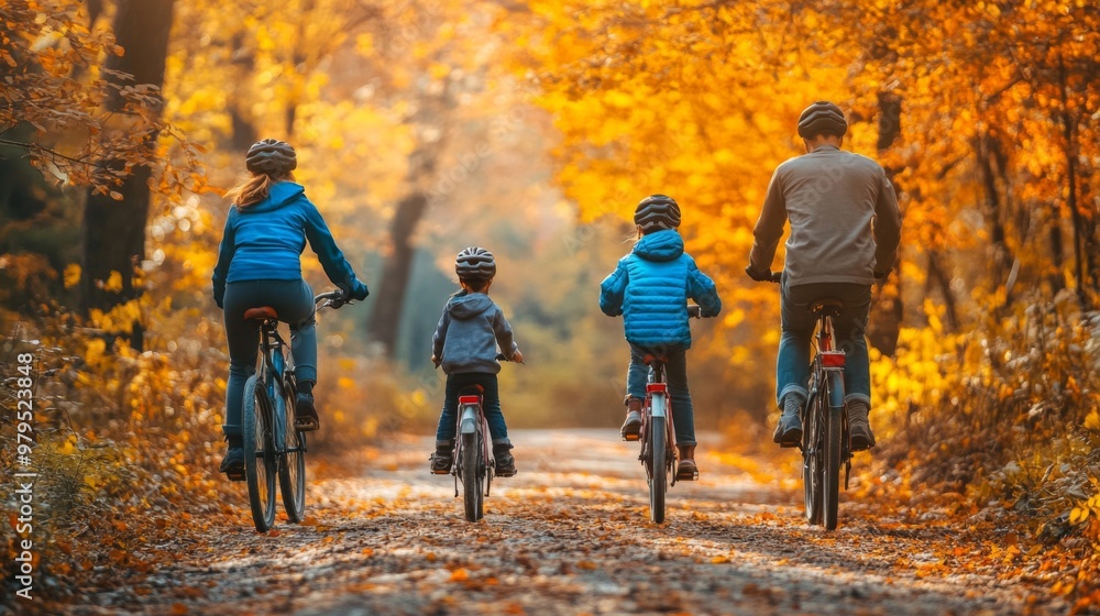 Family Cycling Through Autumnal Forest Path Family Cycling Through Autumnal Forest Path