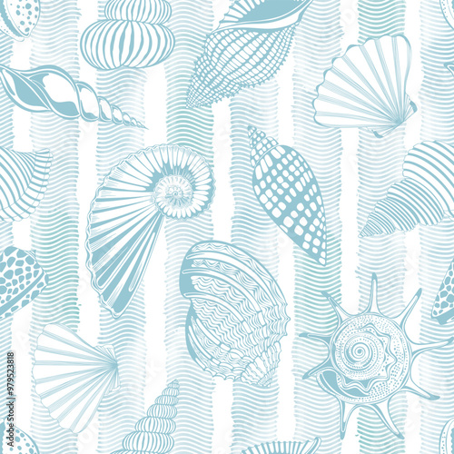 Sea. Art seamless pattern on the marine theme with  seashells on waves watercolor background. Vector. Perfect for design templates, wallpaper, wrapping, fabric, print and textile.