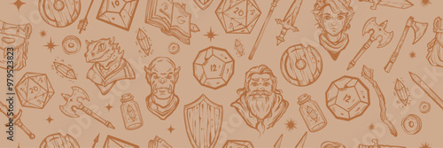 Fantasy RPG game seamless pattern, dungeon dragon vector web banner, medieval weapon, shield, axe. Role playing doodle background, magic book, sword, wizard staff. Adventure fantasy pattern print