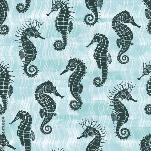 Seahorse silhouettes on waves background. Sea art background. Seamless pattern on the marine theme. Vector. Perfect for design templates, wallpaper, wrapping, fabric, print and textile.