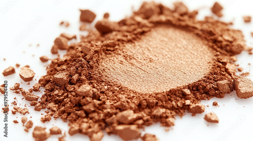 Closeup of a pile of crushed brown makeup powder on a white background. Closeup of a pile of crushed brown makeup powder on a white background.
