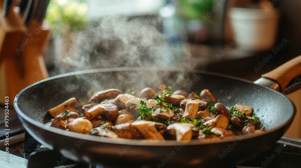 A rustic scene of mushrooms being saut in a pan with herbs and garlic, with steam rising and a cozy kitchen environment in the background. A rustic scene of mushrooms being saut in a pan with herbs and garlic, with steam rising and a cozy kitchen environment in the background.