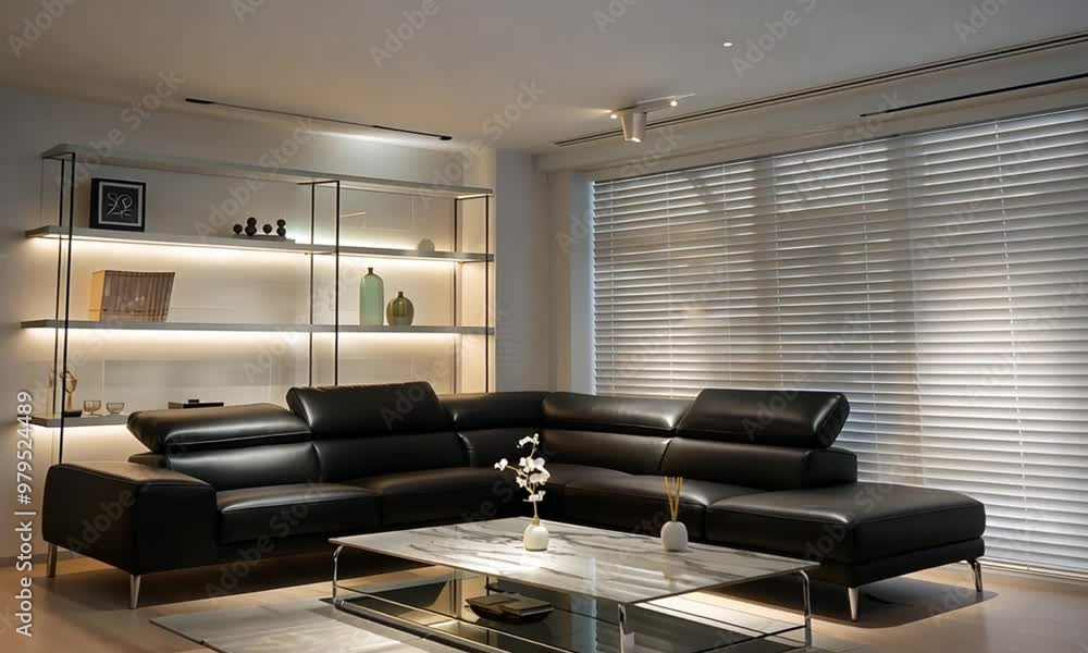 Modern Living Room with Black Leather Sectional Sofa, White Marble ...