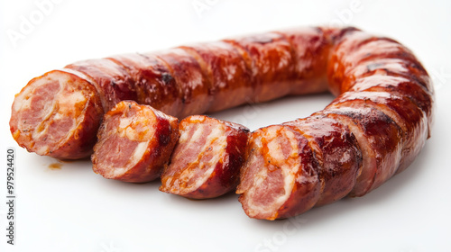 A juicy, cooked sausage, sliced and ready to eat, against a plain white backdrop.