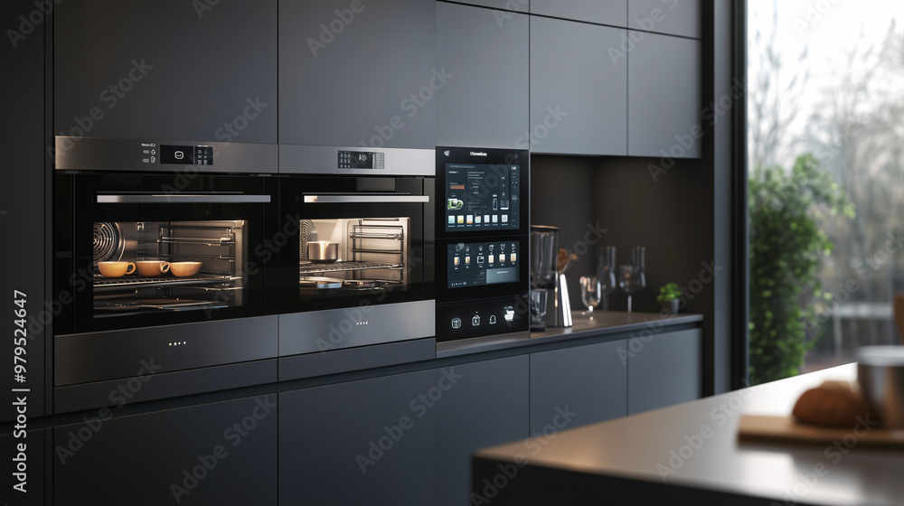 A high-tech kitchen with smart ovens, automated coffee machines, and seamless, handle-free cabinets in a sleek, contemporary design A high-tech kitchen with smart ovens, automated coffee machines, and seamless, handle-free cabinets in a sleek, contemporary design