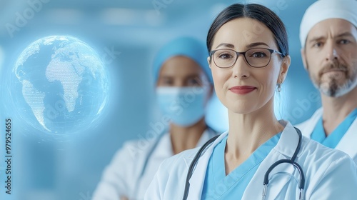 Doctors and nurses from different countries standing together, with a holographic globe behind them photo