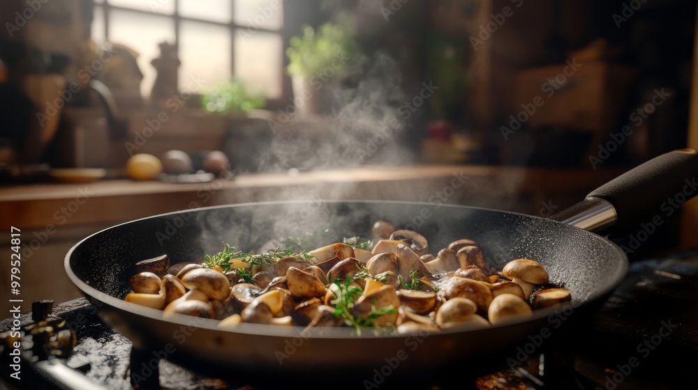 A rustic scene of mushrooms being saut in a pan with herbs and garlic, with steam rising and a cozy kitchen environment in the background. A rustic scene of mushrooms being saut in a pan with herbs and garlic, with steam rising and a cozy kitchen environment in the background.