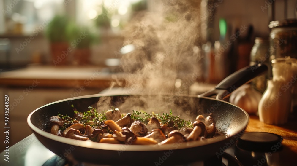 A rustic scene of mushrooms being saut in a pan with herbs and garlic, with steam rising and a cozy kitchen environment in the background. A rustic scene of mushrooms being saut in a pan with herbs and garlic, with steam rising and a cozy kitchen environment in the background.