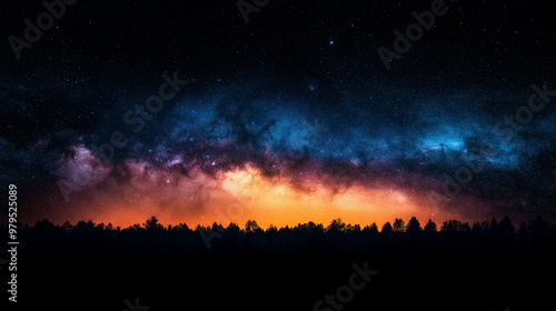 A dark sky with a beautiful orange and blue sky