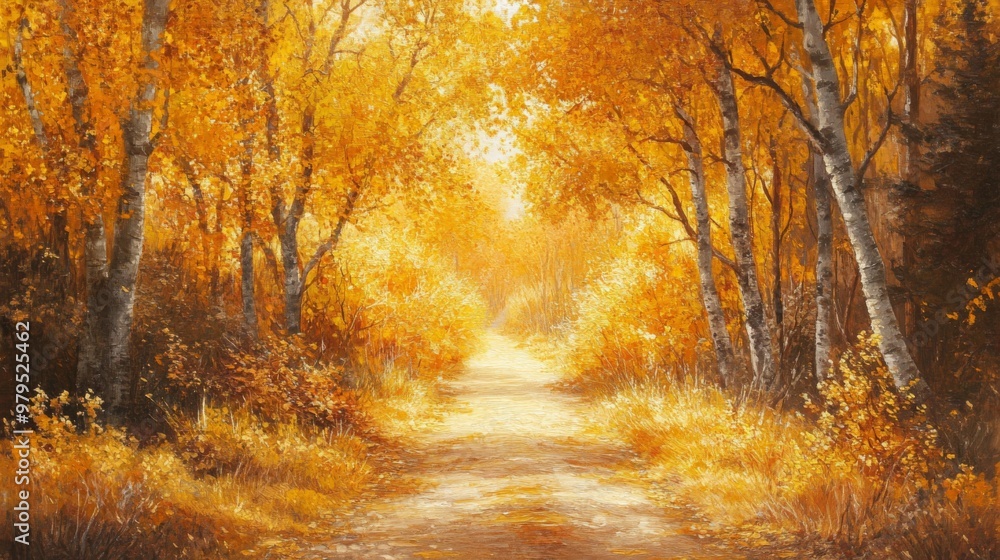 A Sunlit Path Through Golden Autumn Trees A Sunlit Path Through Golden Autumn Trees