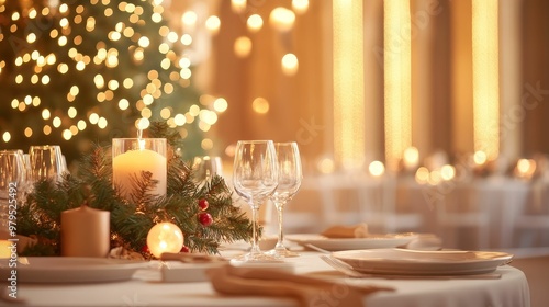 Christmas ceremony reception in a grand hall with a towering decorated tree, festive tablescapes, and warm lighting