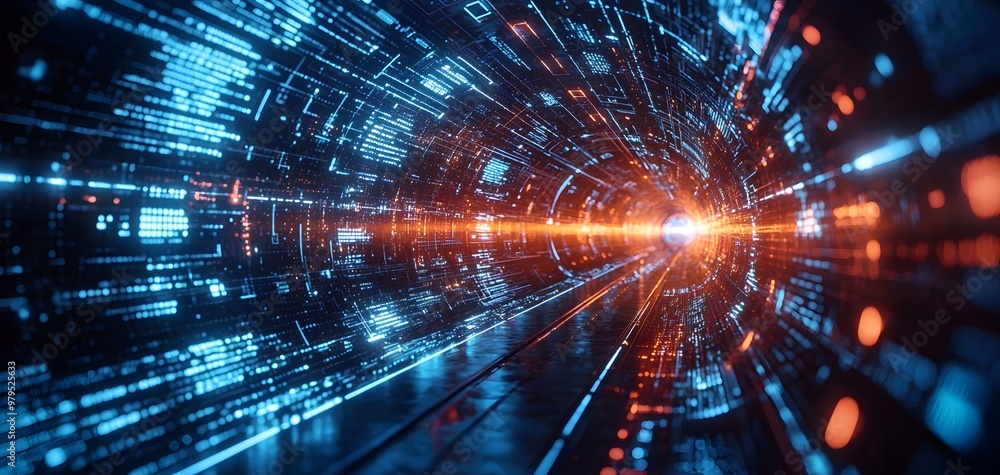 Obraz premium A Journey Through a Vibrant Digital Tunnel of Light: Speeding Through the Future's Illumination. Abstract Tunnel Background