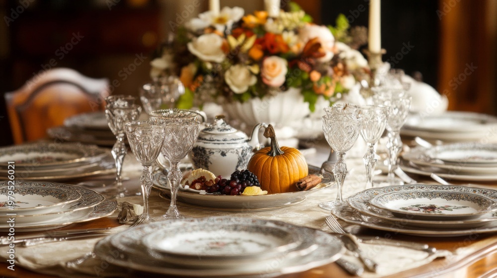 Naklejka premium Elegant Table Setting with Pumpkin, Flowers, and Silverware