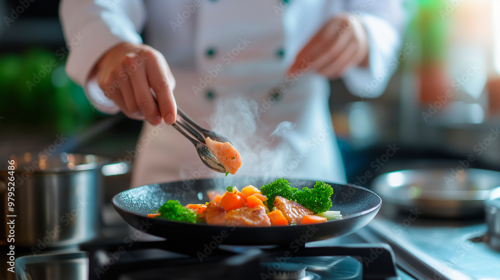 A close-up of a professional chef preparing a gourmet dish in a modern kitchen. The chef delicately arranges fresh vegetables and salmon on a sizzling pan, with steam rising from the food A close-up of a professional chef preparing a gourmet dish in a modern kitchen. The chef delicately arranges fresh vegetables and salmon on a sizzling pan, with steam rising from the food