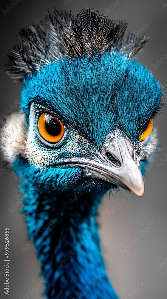 Fototapeta premium A blue bird's head with an orange eye against a black-and-white background