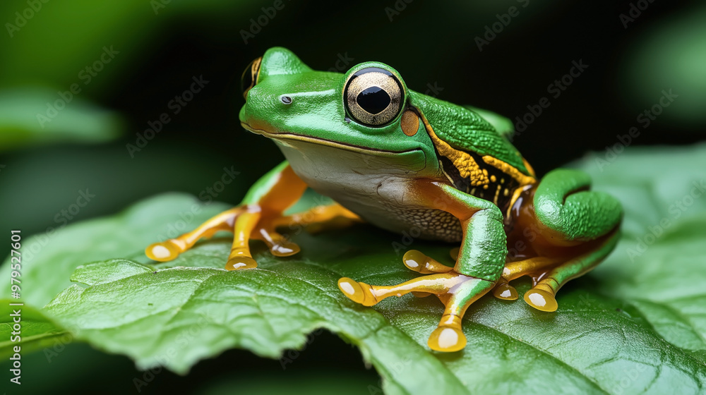 Close-up of a vibrant green tree frog with distinct yellow and black markings sitting on a leaf, with a blurred natural green background. Close-up of a vibrant green tree frog with distinct yellow and black markings sitting on a leaf, with a blurred natural green background.