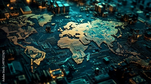 Global Semiconductor Supply Chain Map, intricate visualization showcasing interconnections, geopolitical tensions, production hubs, and trade routes across various regions.