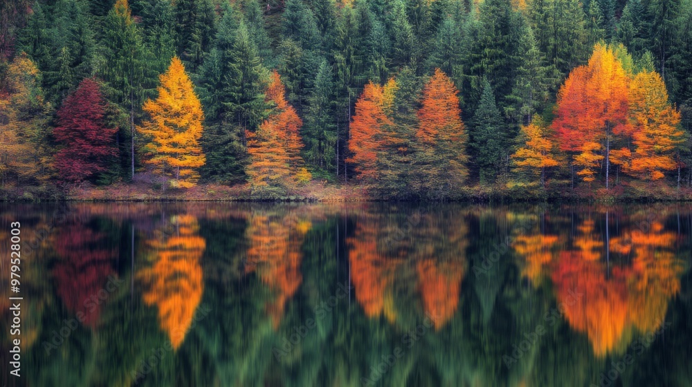 Obraz premium Autumnal Forest Reflected in a Calm Lake