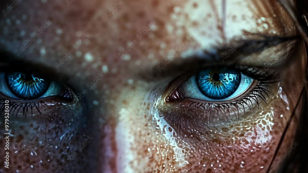 A close-up look at striking blue eyes with wet skin reflecting light captured during an artistic outdoor shoot A close-up look at striking blue eyes with wet skin reflecting light captured during an artistic outdoor shoot