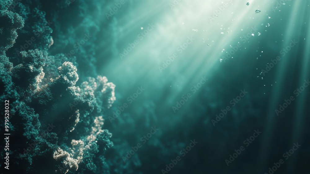 Obraz premium Sunlight filtering through water illuminates underwater coral reef scene