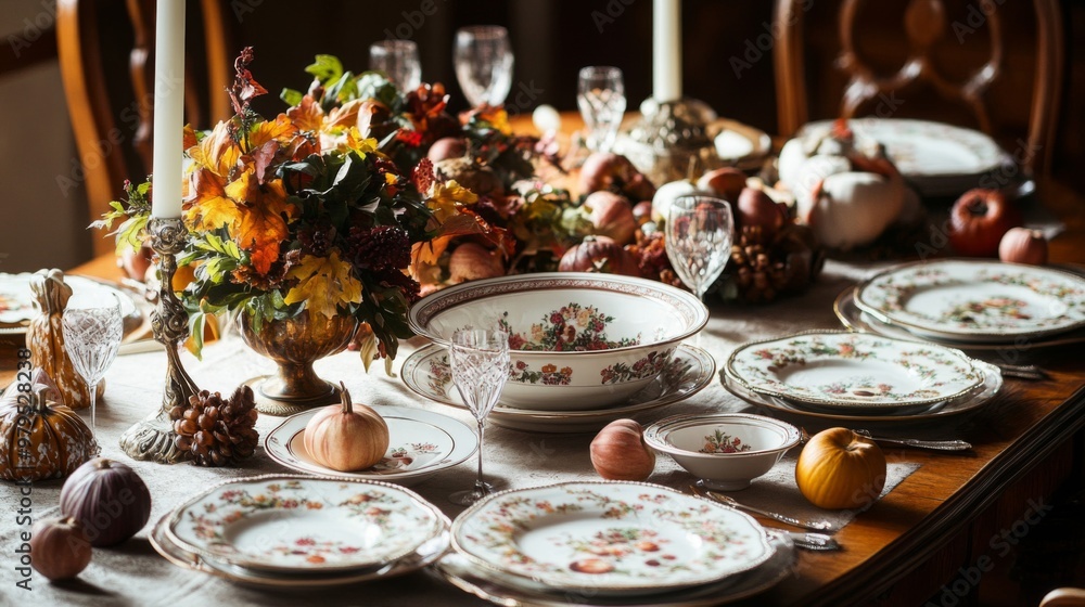 Autumnal Table Setting with Fine China and Pumpkins Autumnal Table Setting with Fine China and Pumpkins