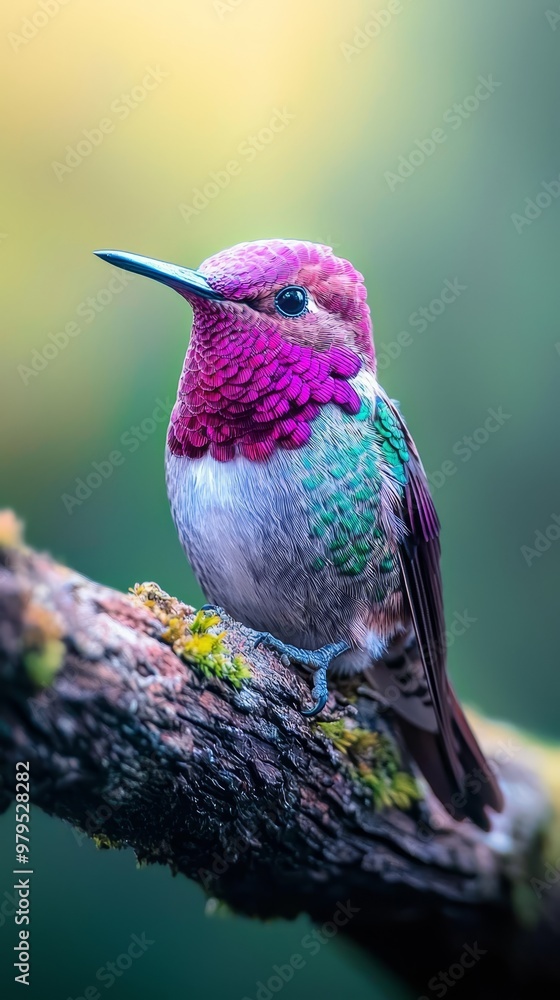 Fototapeta premium A hummingbird perches on a branch against a softly blurred background