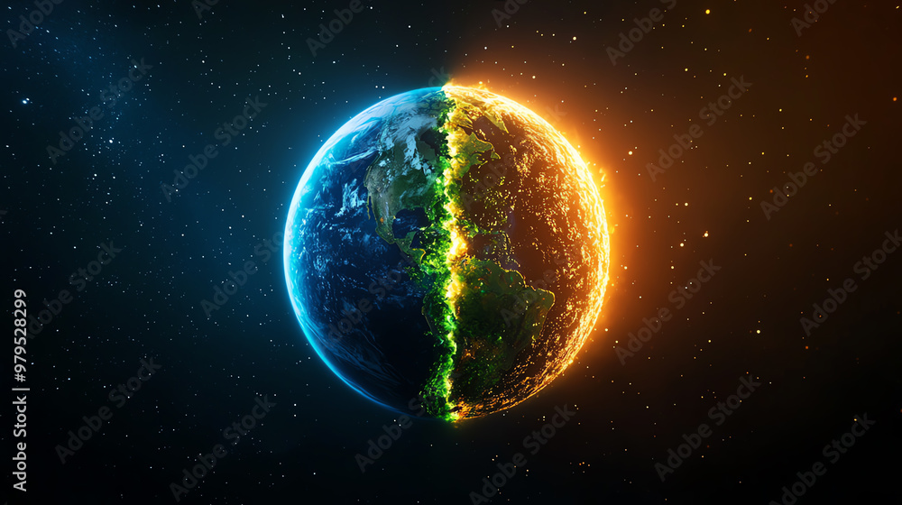 Fototapeta premium A stunning depiction of a split Earth, showcasing contrasting elements of nature with vibrant colors and cosmic elements.