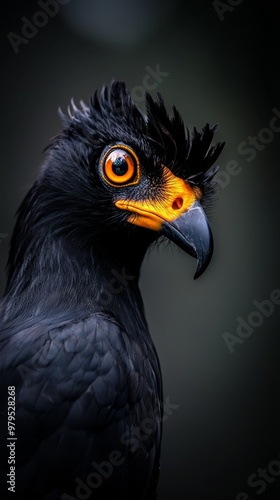  A tight shot of a black bird against a black backdrop, its yellow beak sharply contrasting in clarity with the surrounding blur