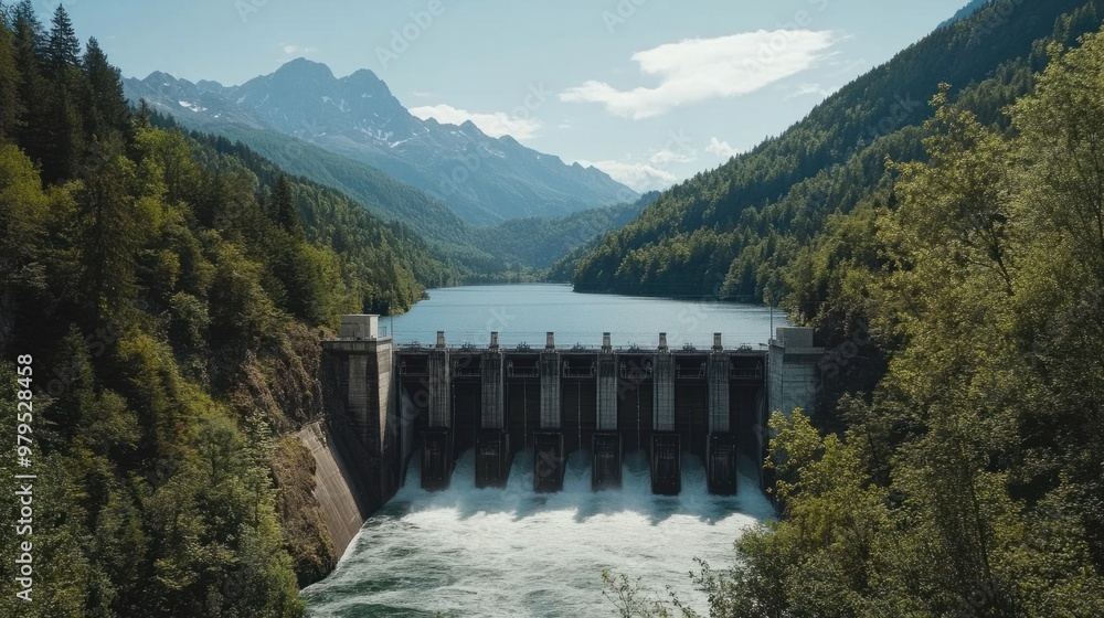 A hydroelectric dam framed by mountains and forests, with water rushing through the gates in the distance. A hydroelectric dam framed by mountains and forests, with water rushing through the gates in the distance.